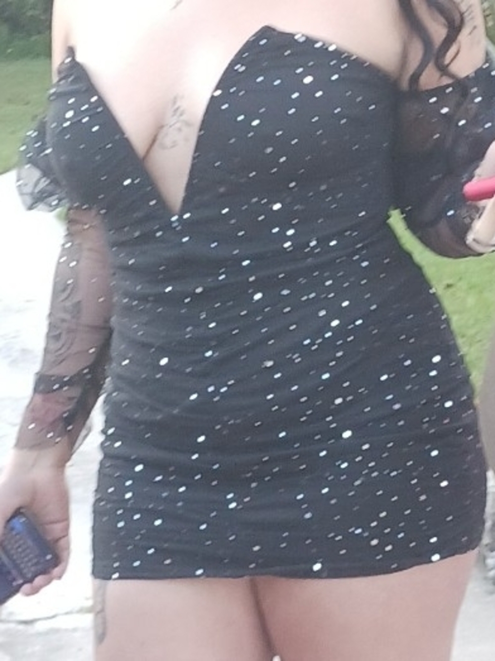 Black Sequin Off-Shoulder Mini Dress with Sheer Sleeves